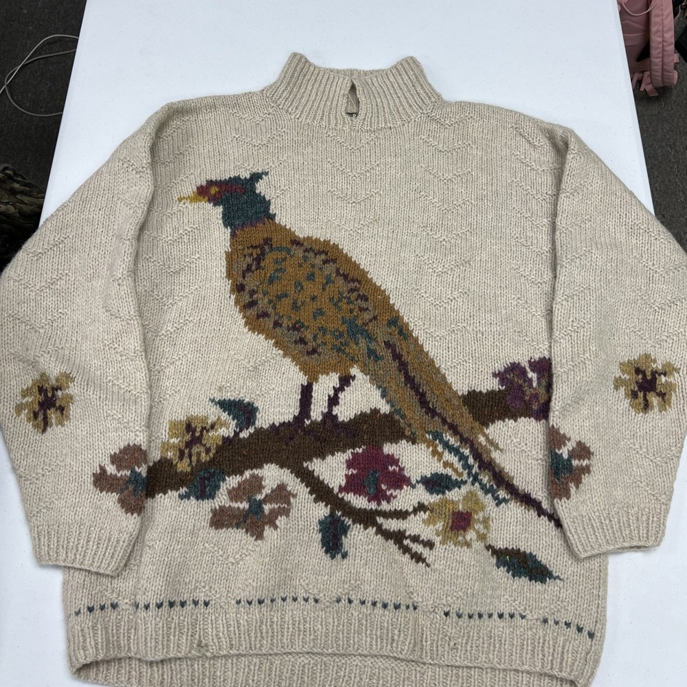 Outback Red Sweater Women Large Beige Wool Pheasant Bird Intarsia Knit Mock Neck